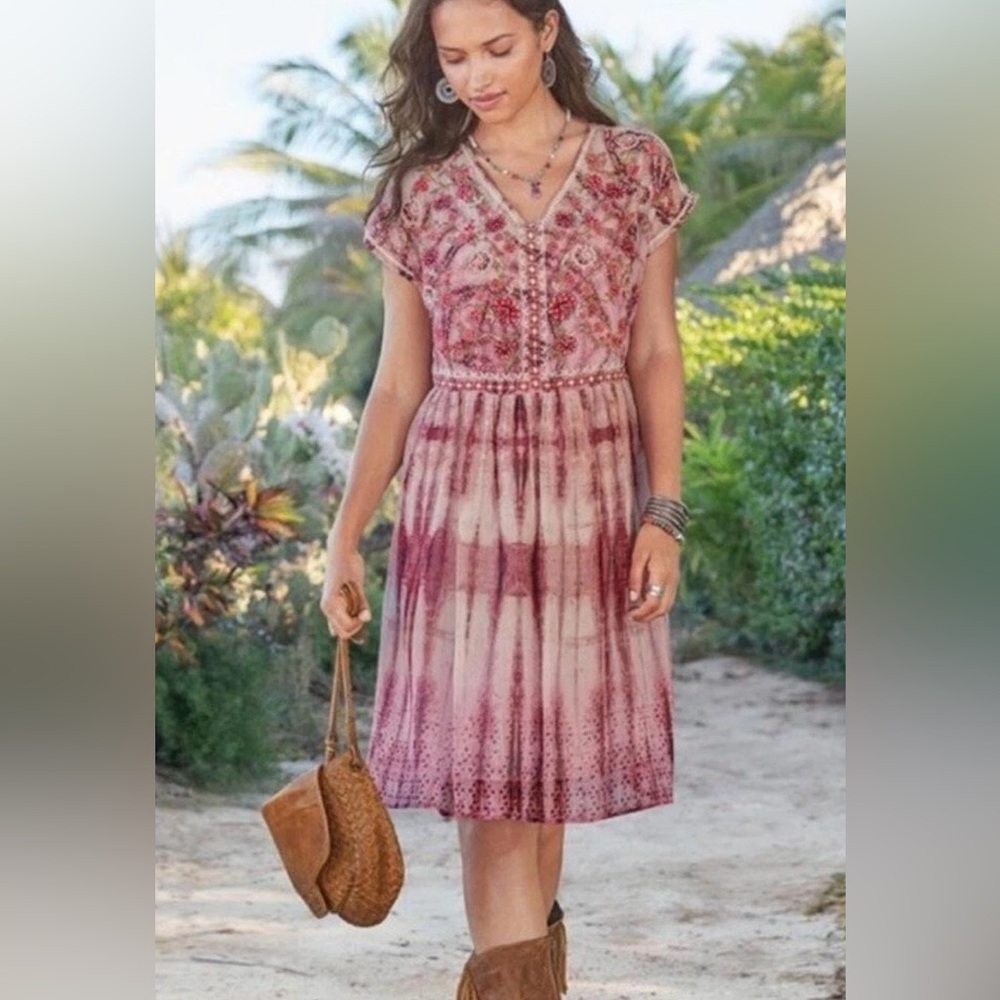 Sundance | Women’s Light Pink/Burgandy Embroidered Floral Vneck Cupro Dress Sz S